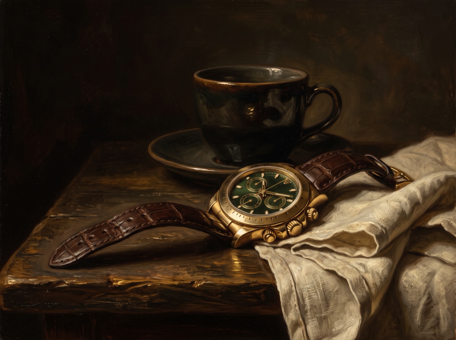 A gold chronograph on a leather strap