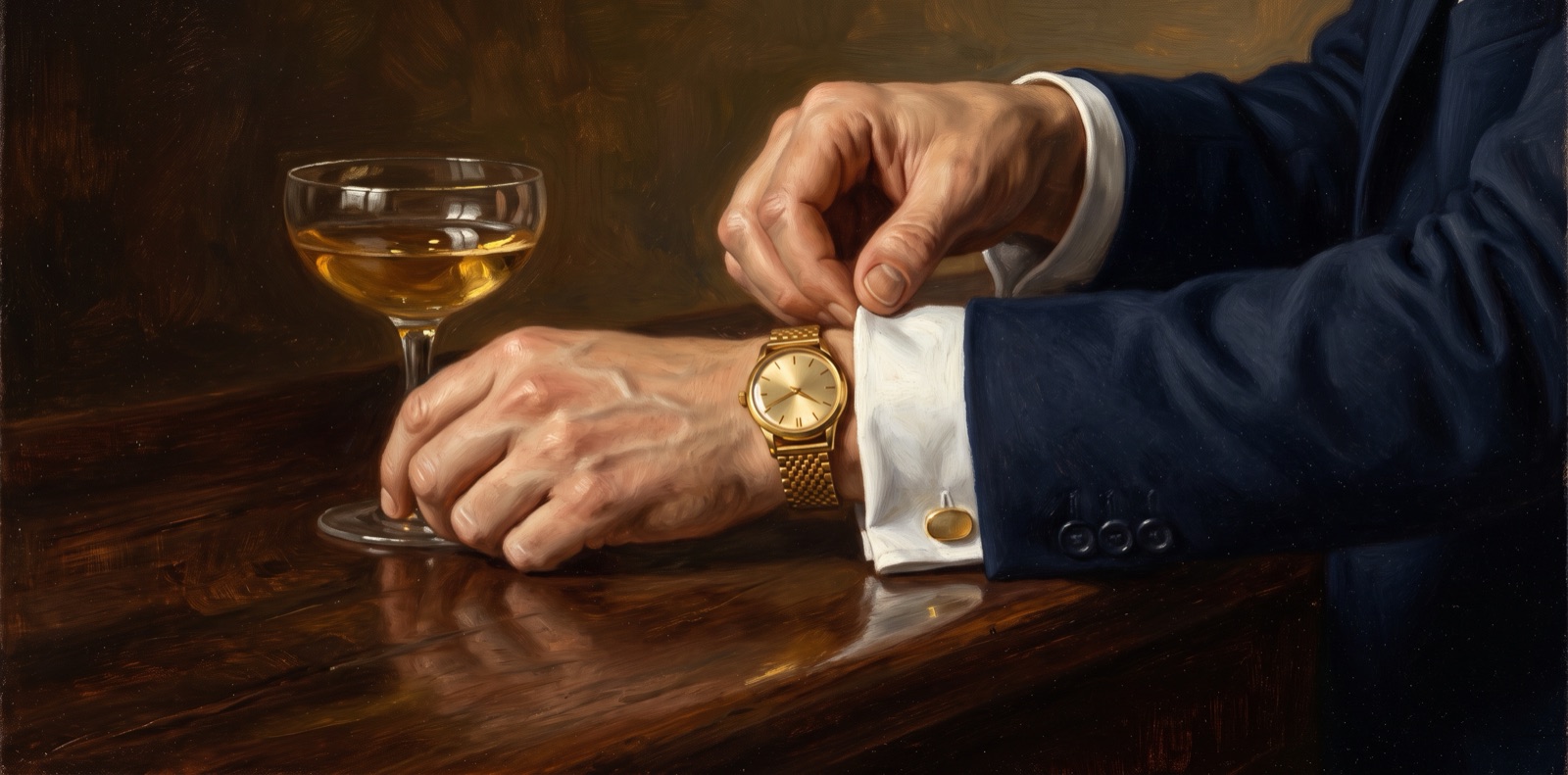 Oil painting of a hand tugging a shirt cuff to reveal a gold watch at a bar