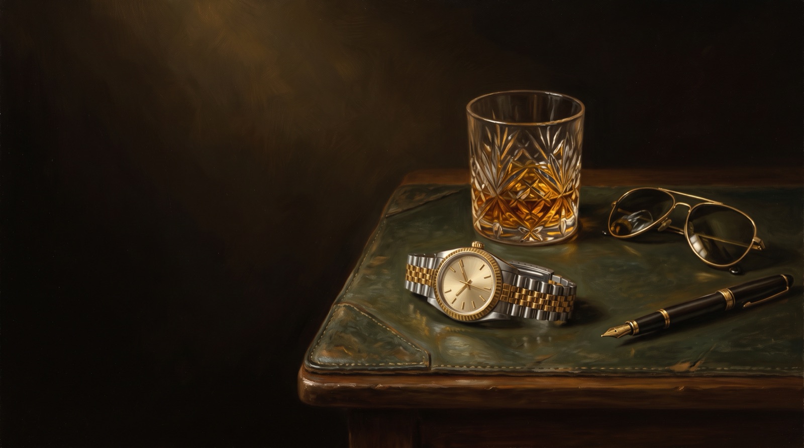 Still life: a two-tone watch on a green leather desk with whisky and aviators