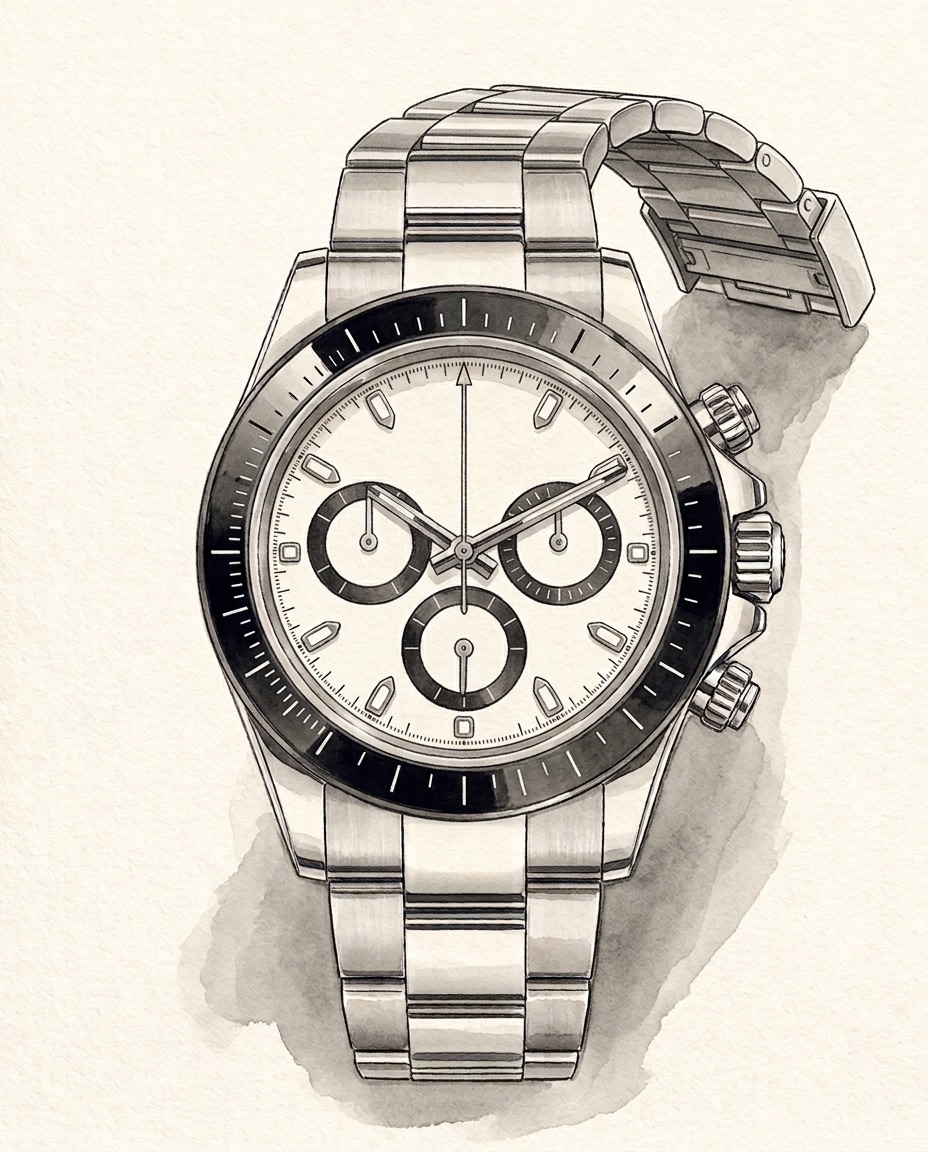 Illustration of a steel Rolex Cosmograph Daytona ref. 116500LN with a black ceramic bezel and a white dial with black counter rings, on an Oyster bracelet