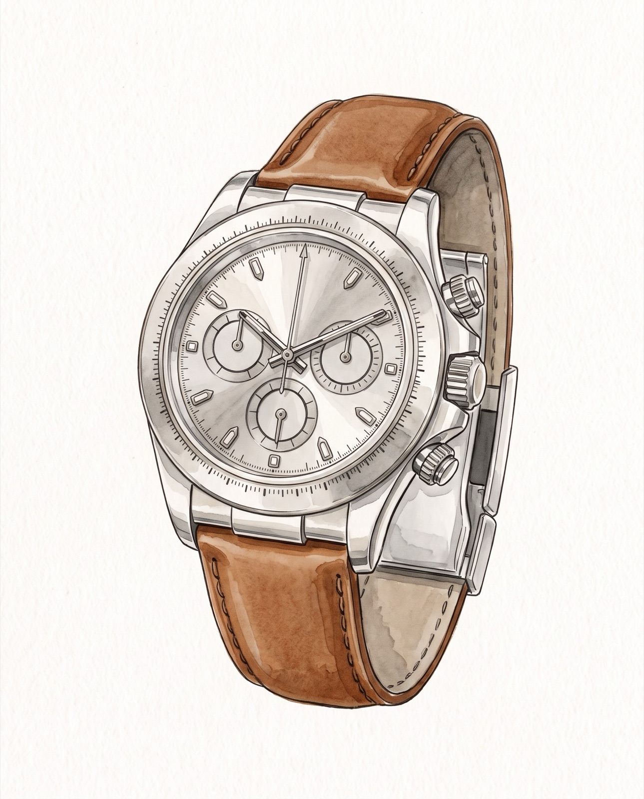 Illustration of a white-gold Rolex Cosmograph Daytona ref. 116519 with an engraved metal bezel on a brown leather strap