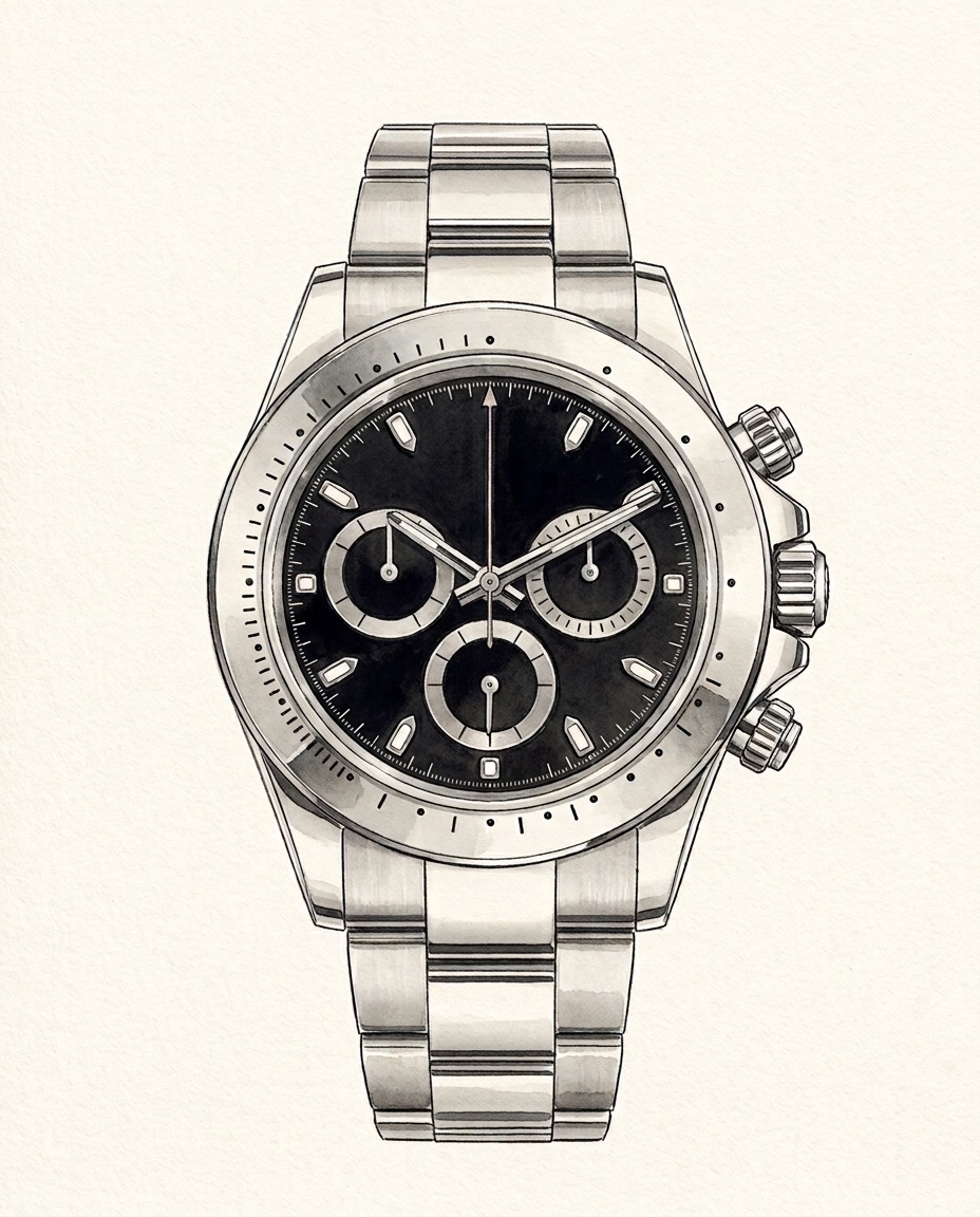 Illustration of a steel Rolex Cosmograph Daytona ref. 116520 with an engraved steel tachymeter bezel and a black dial on a steel Oyster bracelet