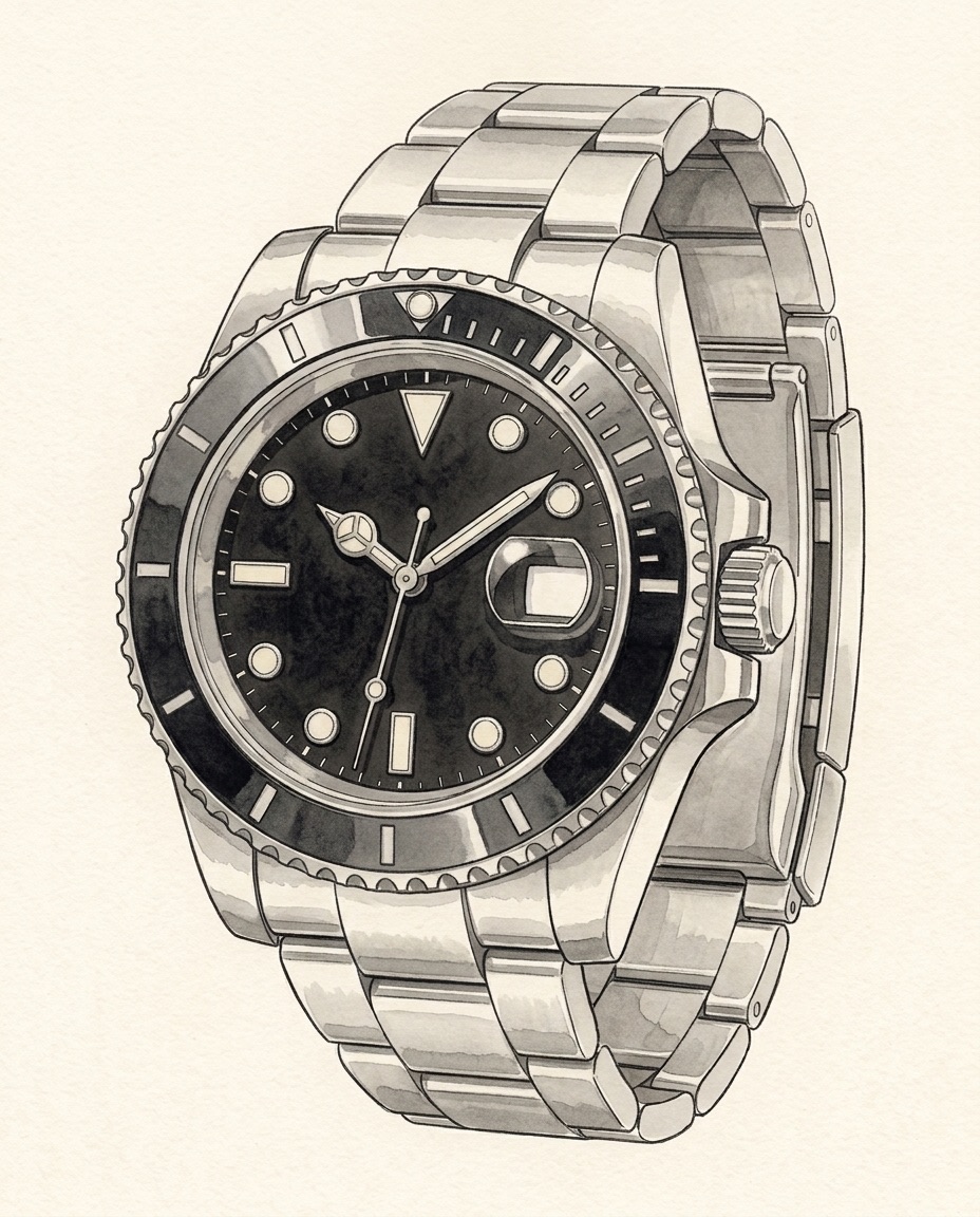 Watercolour of a steel Rolex Submariner Date 116610LN with a black dial and a black ceramic bezel on an Oyster bracelet