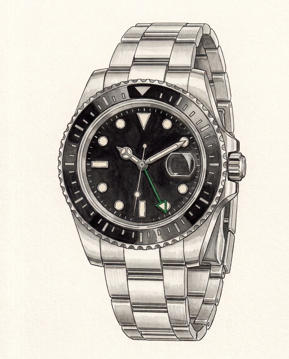 Watercolour of a steel Rolex GMT-Master II 116710LN with a black dial, a green 24-hour hand and an all-black ceramic bezel on an Oyster bracelet