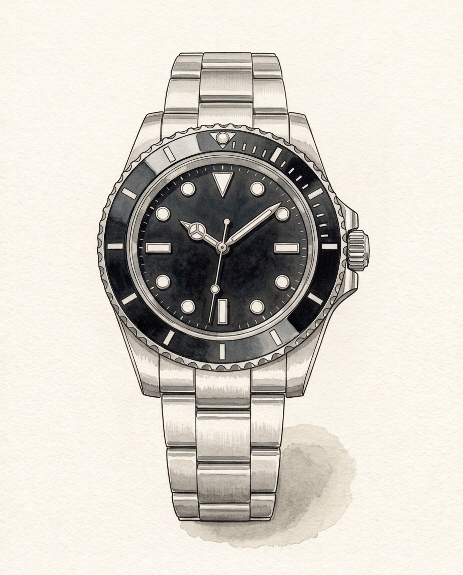 Watercolour of a steel Rolex Submariner ref. 124060 with a black ceramic bezel and a black dial without a date window, on an Oyster bracelet