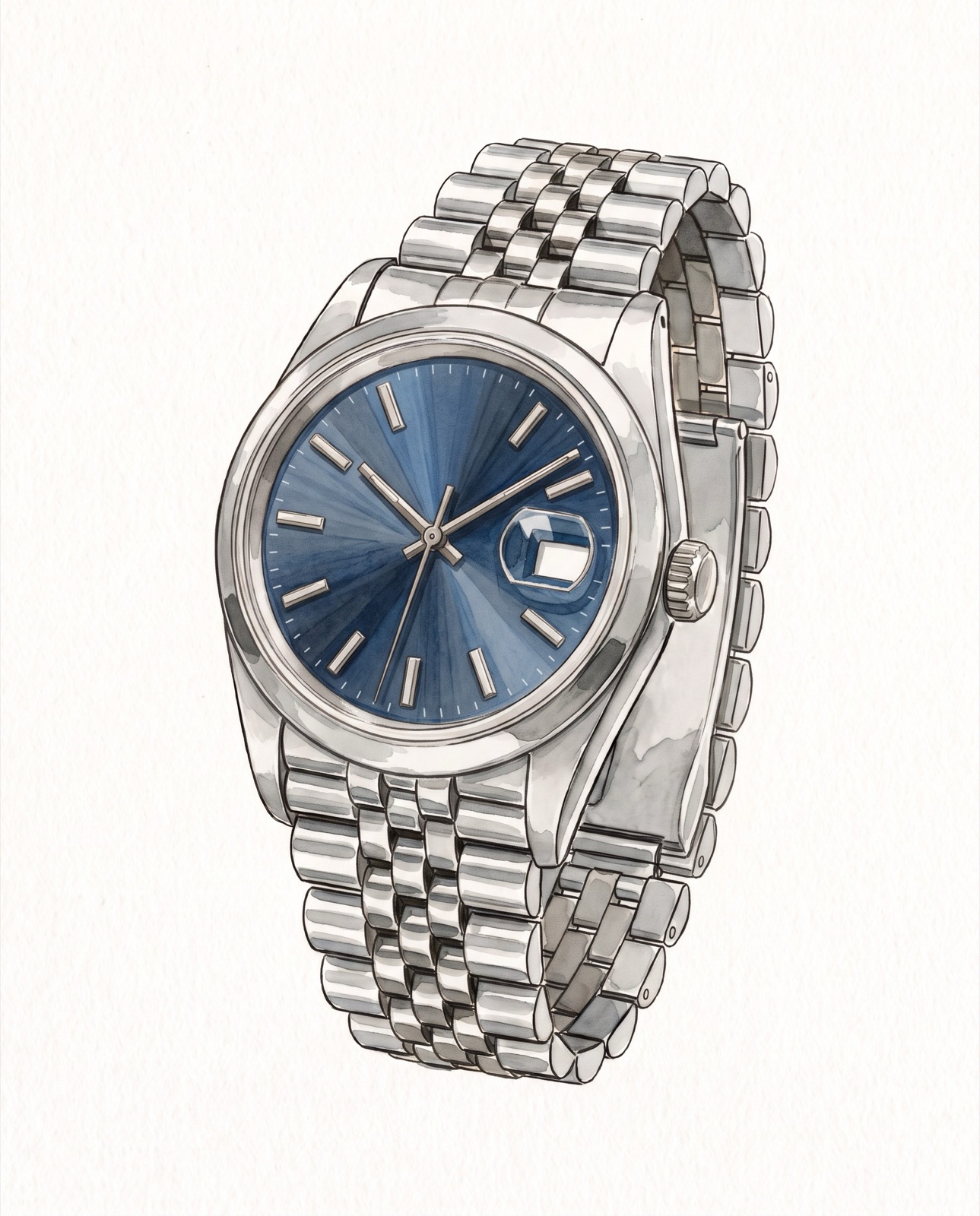 Illustration of a steel Rolex Datejust 41 ref. 126300 with a smooth polished bezel