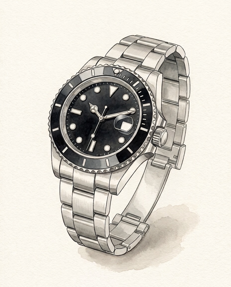 Watercolour of a steel Rolex Submariner Date with a black dial, black ceramic bezel and Oyster bracelet