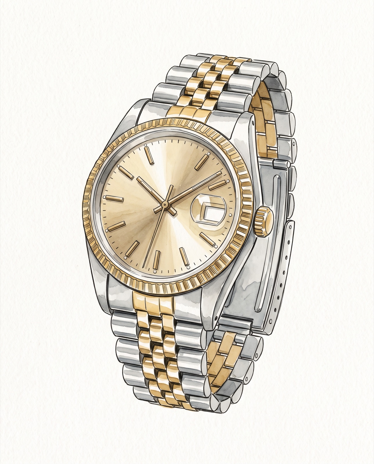 Illustration of a two-tone Rolex Datejust 36 ref. 16233 with a fluted yellow gold bezel and a Jubilee bracelet