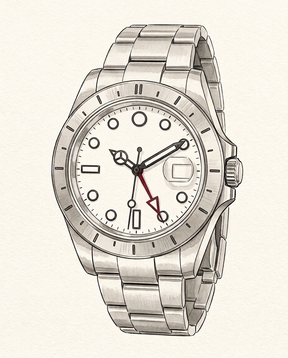 Watercolour of a stainless steel Rolex Explorer II with a white («Polar») dial, black-outlined hands and hour markers, a red arrow-tipped 24-hour hand, a fixed brushed steel bezel with a 24-hour scale of plain strokes, a blank date window under the Cyclops lens and an Oyster bracelet