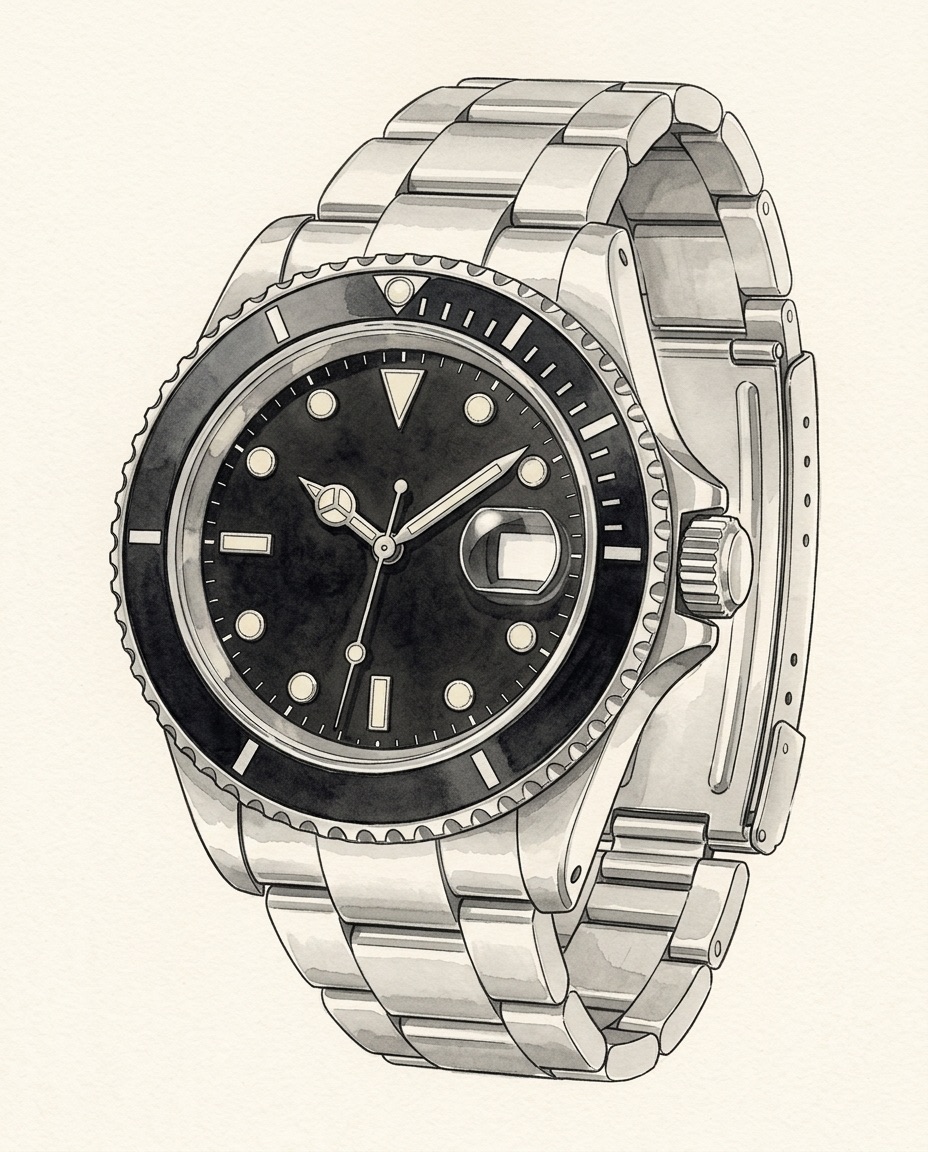 Watercolour of a stainless steel Rolex Submariner Date with a black dial, a black aluminium bezel insert and an Oyster bracelet