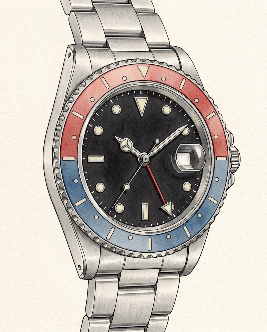 Watercolour of a stainless steel Rolex GMT-Master II with a faded red and blue aluminium bezel insert marked with 24 plain strokes and no numerals, a black dial, a red arrow-tipped 24-hour hand, a blank date window under the Cyclops lens, a slim case with drilled lugs and an Oyster bracelet