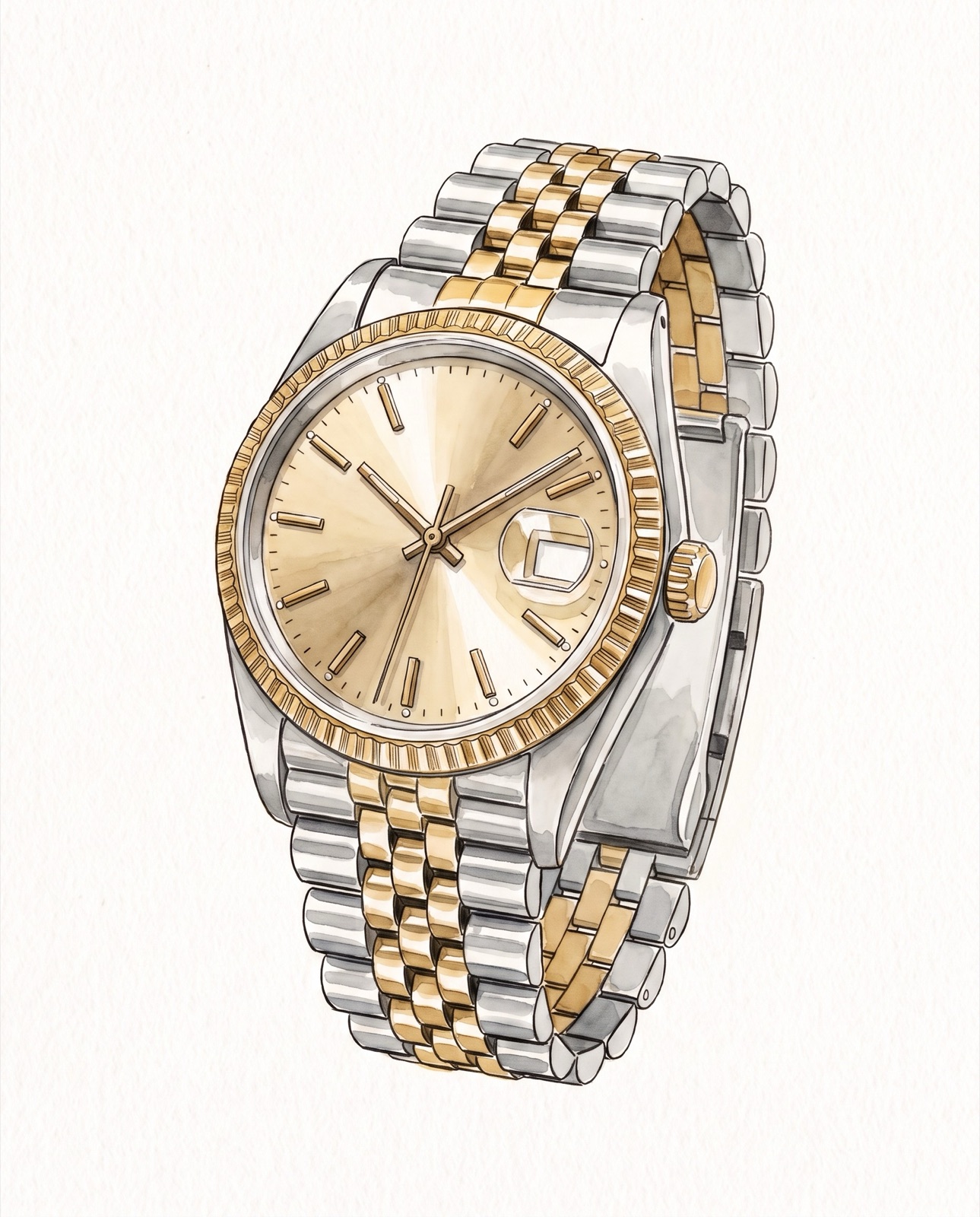 Watercolour of a two-tone Rolex Datejust 36 with a fluted gold bezel and Jubilee bracelet